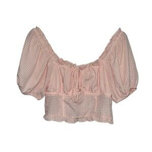 Le Lis Top Women’s Size Small Pink Gingham Milkmaid Crop Blouse Puff Sleeves NWT